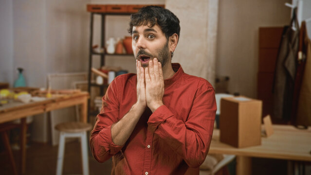 Man with hands on cheeks touching face in studio workspace wearing a red shirt and beard, surrounded by table, boxes and shelving, showing a shocked expression; surprise concern.