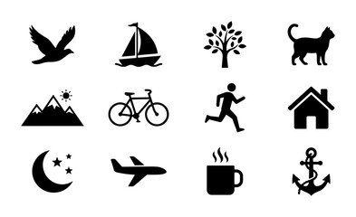 Obraz premium Set of 12 Simple Black Icons: Bird, Sailboat, Tree, Cat, Mountains, Bicycle, Runner, House, Moon, Airplane, Coffee Cup, Anchor. Vector Graphics for Lifestyle and Travel.