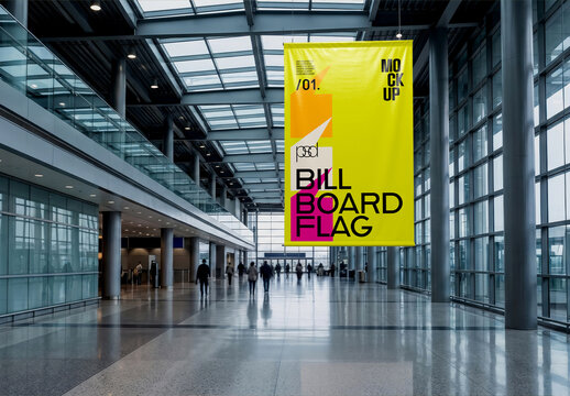 Hanging Banner Flag Mockup in Modern Interior