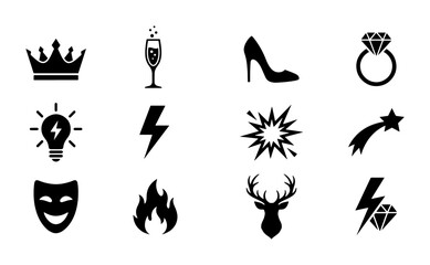 Fototapeta premium Set of 12 Black Icons: Crown, Champagne, High Heel, Diamond Ring, Lightbulb, Lightning Bolt, Explosion, Shooting Star, Comedy Mask, Fire, Deer Head, Gemstone Lightning Bolt