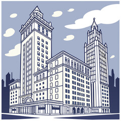 Obraz premium Vintage style illustration of tall city skyscrapers and office buildings in a downtown urban landscape