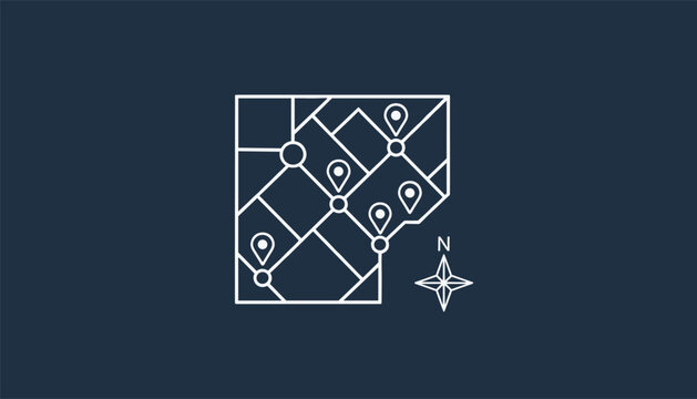Navigation map route outline with location pin markers and a compass star icon on a dark blue background.