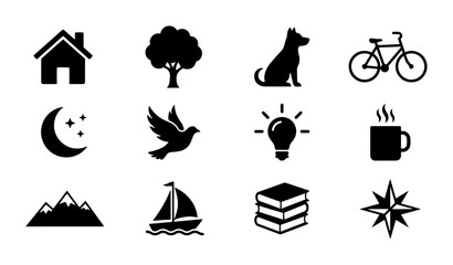 Obraz premium Black Silhouette Icons: House, Tree, Dog, Bicycle, Moon, Bird, Lightbulb, Coffee, Mountains, Sailboat, Books, Compass Rose - Versatile Vector Set