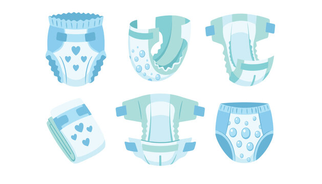 Set of baby diapers and training pants icons showing absorbent layers and fasteners flat vector elements