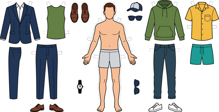 Men Paper Doll Dress Up Game Set with Male Figure Suit Hoodie Casual Outfits Shoes Sunglasses and Accessories Vector Cutout Activity Sheet