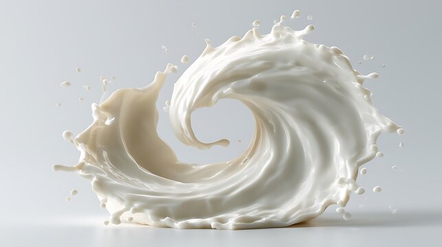 Fresh milk splash forming a swirling spiral. Dynamic white liquid wave on gray background.