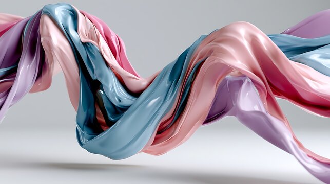 Pastel liquid ribbons flowing in motion. Abstract silk waves colliding in soft light.
