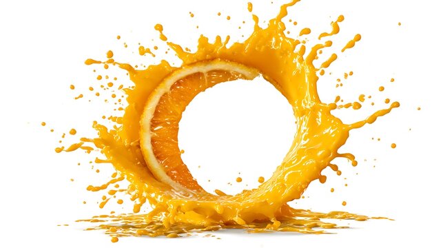 Fresh orange juice splash with fruit slice. Dynamic citrus liquid burst on white background.