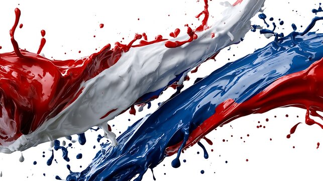 Red white and blue liquid paint splash. Patriotic color wave isolated on white background.