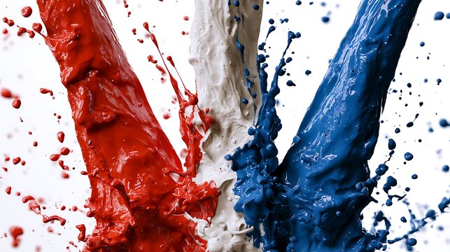 Red white and blue liquid ink splash. Abstract paint explosion isolated on white background.