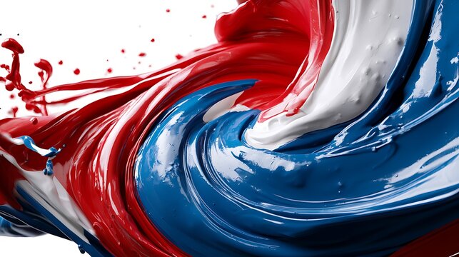 Red white and blue paint vortex. Abstract liquid swirl of patriotic colors on white background.