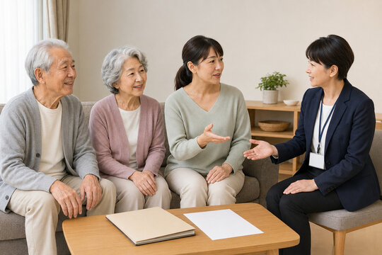 介護サービスと家族の負担について相談する日本人の高齢夫婦と娘