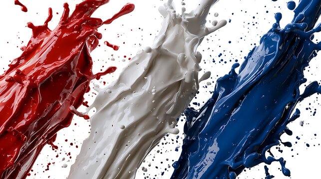 Red white and blue paint splashes. Colorful liquid jets colliding on white background.