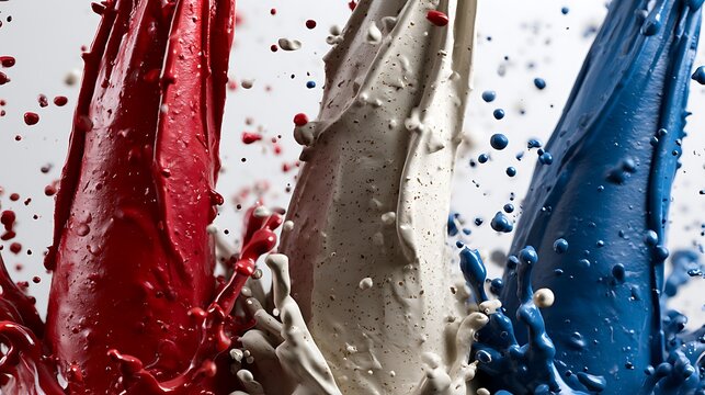 Red, white and blue paint jets colliding. Abstract liquid splash in patriotic colors.