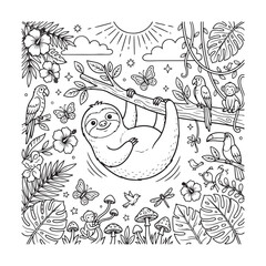 Fototapeta premium Sloth Hanging From Branch Detailed Vector Illustration With Tropical Foliage
