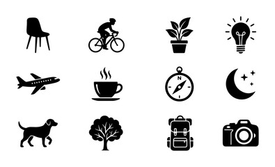 Fototapeta premium Set of 12 Black Vector Icons: Chair, Bicycle, Plant, Lightbulb, Airplane, Coffee, Compass, Moon, Dog, Tree, Backpack, Camera for Web Design and Apps