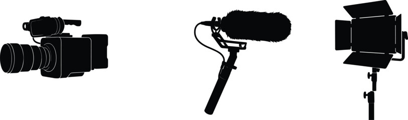 Set of black silhouette illustrations featuring professional video camera, boom microphone, and studio lighting equipment © MdArafat