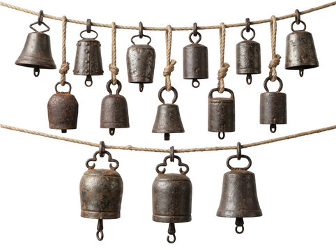 Rustic metal bells hanging on ropes isolated on transparent background. Ideal for rustic home decor and festive.