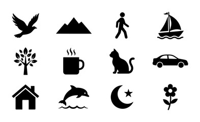 Obraz premium Set of 12 Simple Black Icons: Bird, Mountains, Person, Sailboat, Tree, Coffee Cup, Cat, Car, House, Dolphin, Moon, Flower