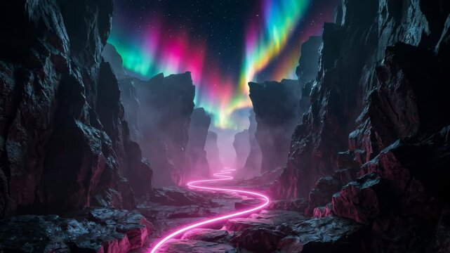 Glowing neon path winding through rocky canyon under aurora borealis for cinematic fantasy background