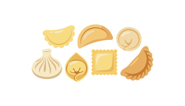 Set of traditional dumplings from worldwide cuisines including gyoza khinkali ravioli pelmeni and pierogi flat vector icons