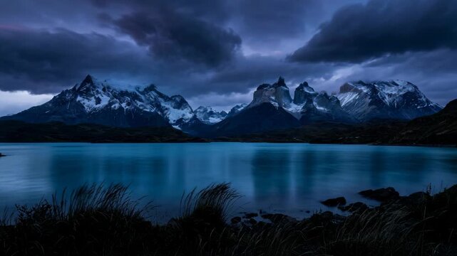 Dramatic mountain landscape reflecting on calm lake under stormy sky in Patagonia for nature and travel content