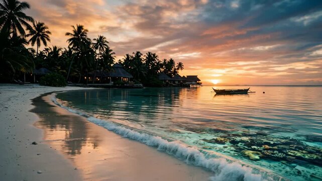 Tropical beach shoreline glowing at sunset with palm trees and calm ocean waves for travel and vacation content