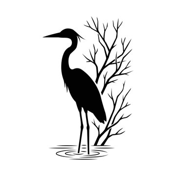 Heron Bird Standing in Water Silhouette Nature Vector Illustration. Resizable and editable, EPS 10.