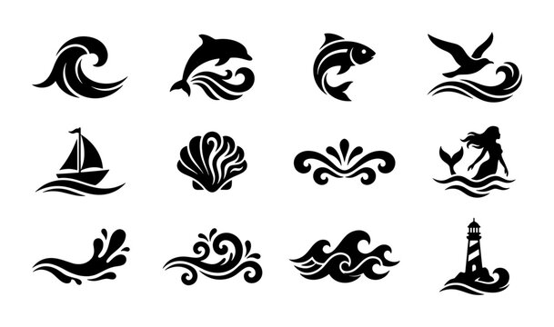 Nautical Vector Icons Set: Waves, Dolphin, Fish, Sailboat, Mermaid, Lighthouse, Seashell, Seagull, Ocean Splashes, Decorative Swirls, Marine Life Symbols
