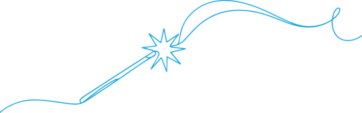 Continuous line drawing of a magic wand with star and spell trail