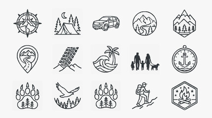 Minimalist Black and White Line Art Icons Set Featuring Camping Adventure Nature Travel and Family Themes © Diek