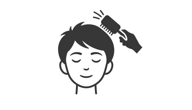 Simple black and white icon showing a hand brushing a young boys short hair with a comb for grooming and hygiene.