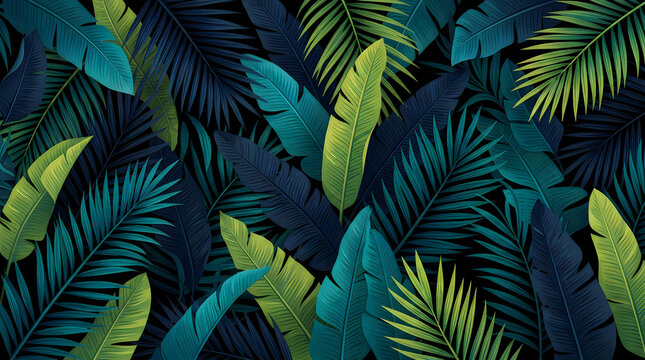 Tropical palm leaves pattern with dark green and blue jungle foliage background