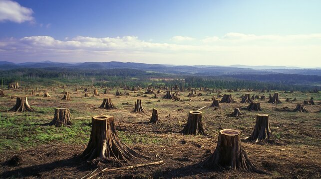 Vast deforested landscape with stumps where trees once stood illustrating the impact of global warming on deforestation and the rise of carbon dioxide emissions