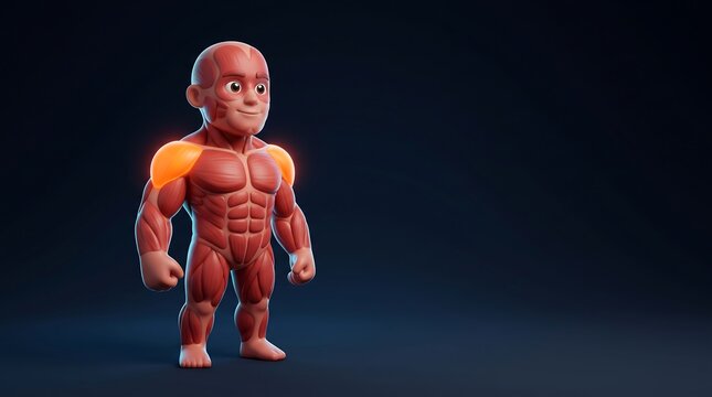 Stylized 3D render of a muscular human anatomy figure with highlighted shoulders on a dark background.