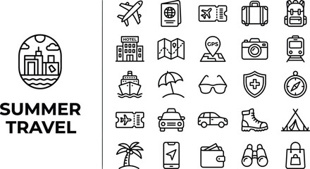 Fototapeta premium Essential summer travel icons and symbols for vacation planning and tourism
