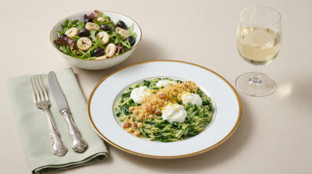Spinach risoni with creamy yogurt and crunchy farofa, served with a fresh salad and a glass of white wine