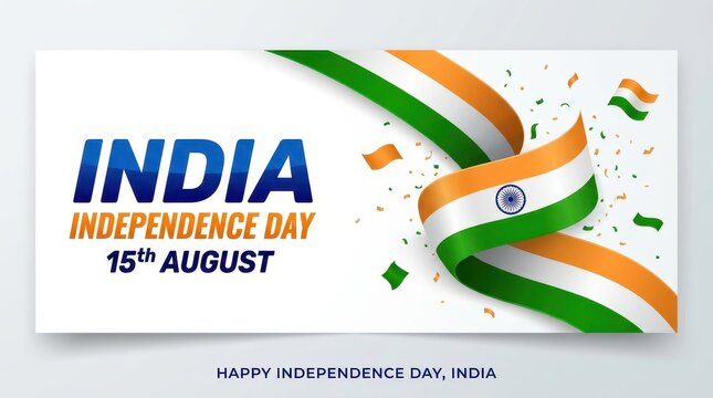 India independence day 15th august banner design with waving indian flag tricolor ribbon and confetti on white background