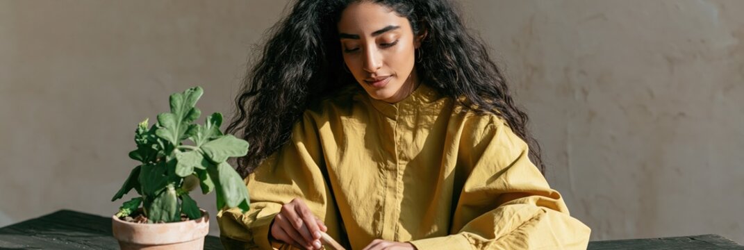 Young woman trimming a potted bonsai plant in sunlight for calm indoor background and mindfulness lifestyle