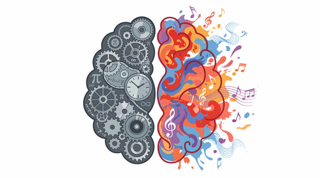 Human brain showing logical and creative hemispheres with gears and art