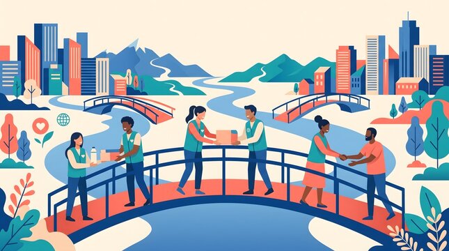 Volunteers help people across bridges in cityscape background.