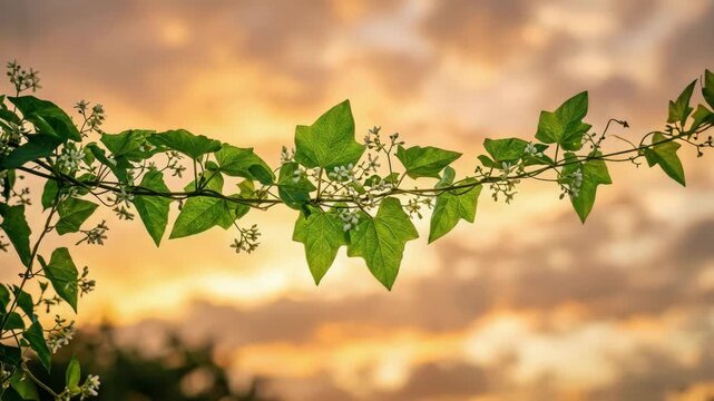 Vine branch with white flowers swaying against golden sunset sky for nature and botanical content