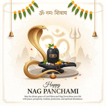 Illuminated nag panchami celebration with set against decorative background hanging bells garlands cobra gracefully encircling adorned flowers marigolds