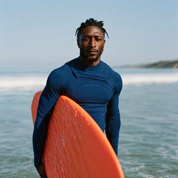 Male surfer holding orange surfboard on shoreline background for beach poster and active lifestyle banner promoting ocean sports