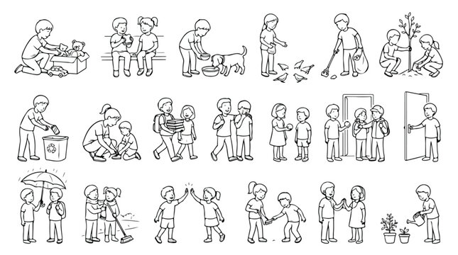 Hand drawn children good manners and kindness icons, kids character set showing polite behavior and social skills, black and white vector illustrations isolated PNG with Transparent Background