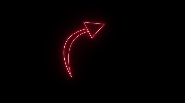 Red neon arrow lights up and points forward dynamically against black background, abstract graphic element, motion design.
