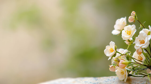 Delicate white flowers arranged beautifully on soft background, evoking sense of tranquility and natural beauty
