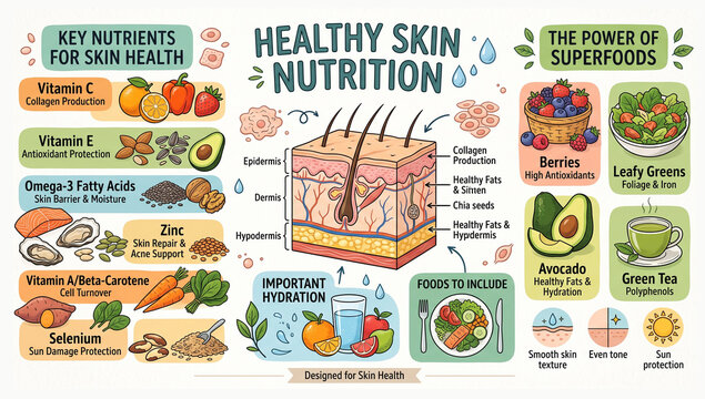 Infographic Showing Key Nutrients and Foods for Healthy Skin Nutrition