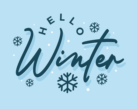 Hello winter calligraphy vector banner design with snowflakes and snow dots illustration. Winter season typography background for winter sale greeting card, poster, template.