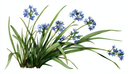 Fototapeta premium Beautiful watercolor illustration of blue flowers with green leaves, showcasing nature delicate beauty and vibrant colors